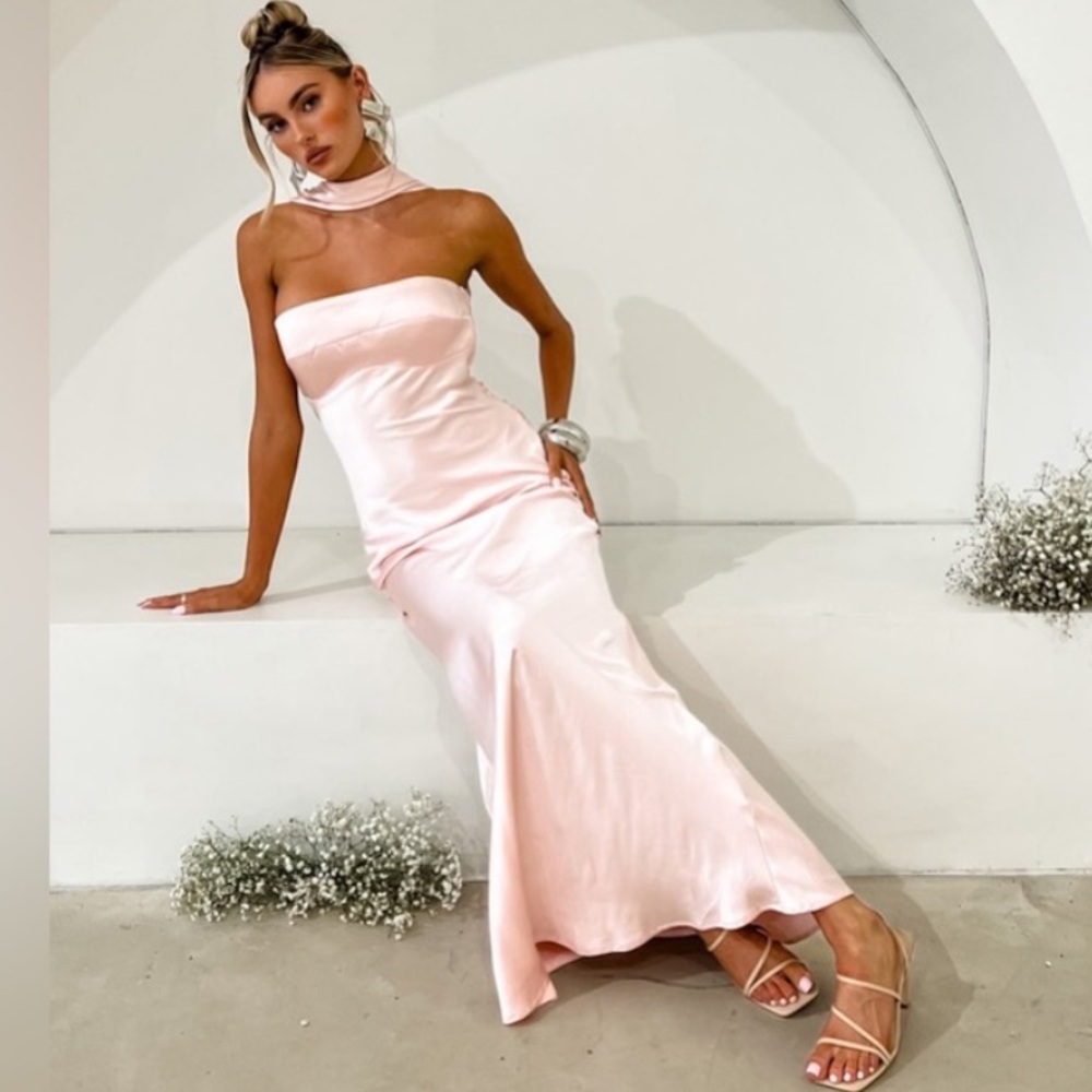 SELFIE LESLIE Damsel Reverse Halter Strapless Maxi Satin Dress Pink - NWT